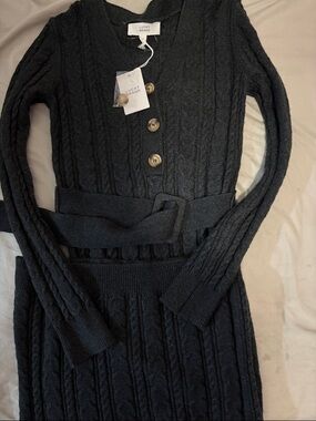 Lucky Brand Black Cable Knit Button-Front Sweater Dress with Belt